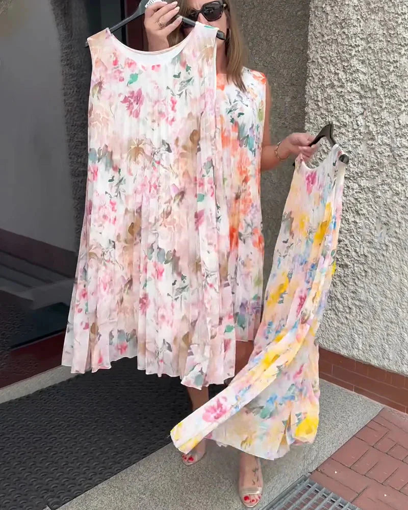 🔥Last Day 49% OFF🔥Sleeveless Pleated Floral Print Midi Dress with Defined Waist