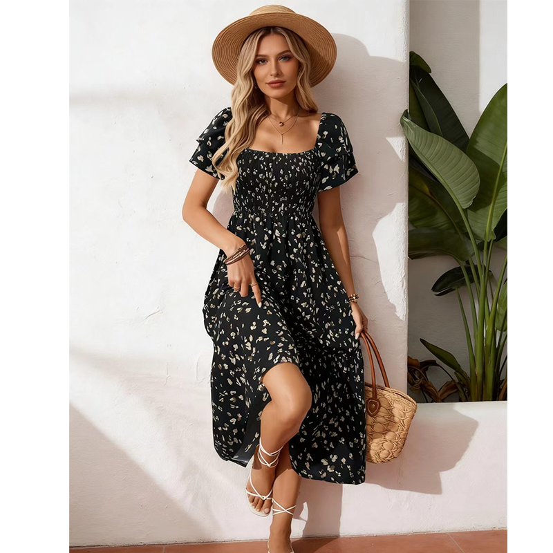 🌈2026 Summer Hot Sale 50% OFF!✨Square Neck Floral Midi Dress – Smocked Bodice, Flowy Tiered Skirt, Romantic 🌸1