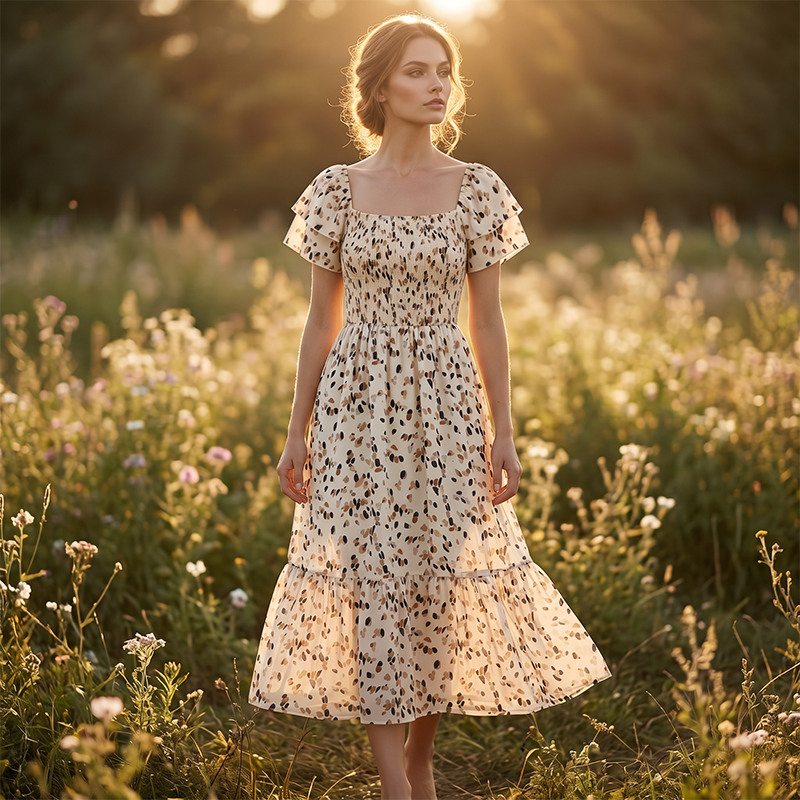 🌈2026 Summer Hot Sale 50% OFF!✨Square Neck Floral Midi Dress – Smocked Bodice, Flowy Tiered Skirt, Romantic 🌸1