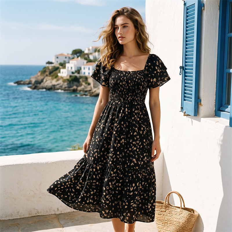 🌈2026 Summer Hot Sale 50% OFF!✨Square Neck Floral Midi Dress – Smocked Bodice, Flowy Tiered Skirt, Romantic 🌸1
