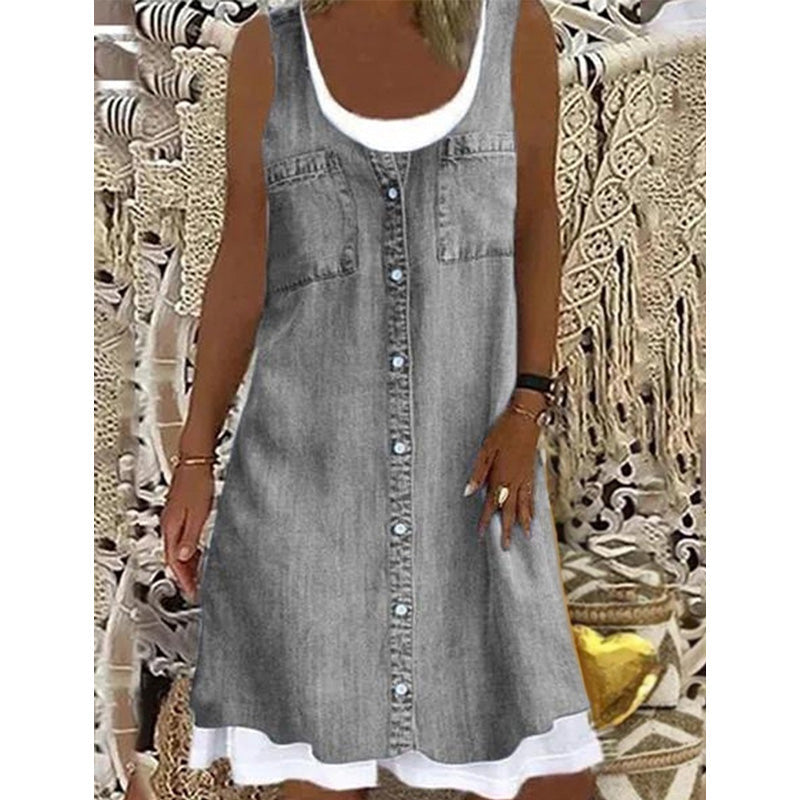 👗50% OFF☀️Women's Faux Two-Piece Denim Print Dress