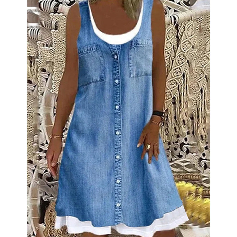 👗50% OFF☀️Women's Faux Two-Piece Denim Print Dress