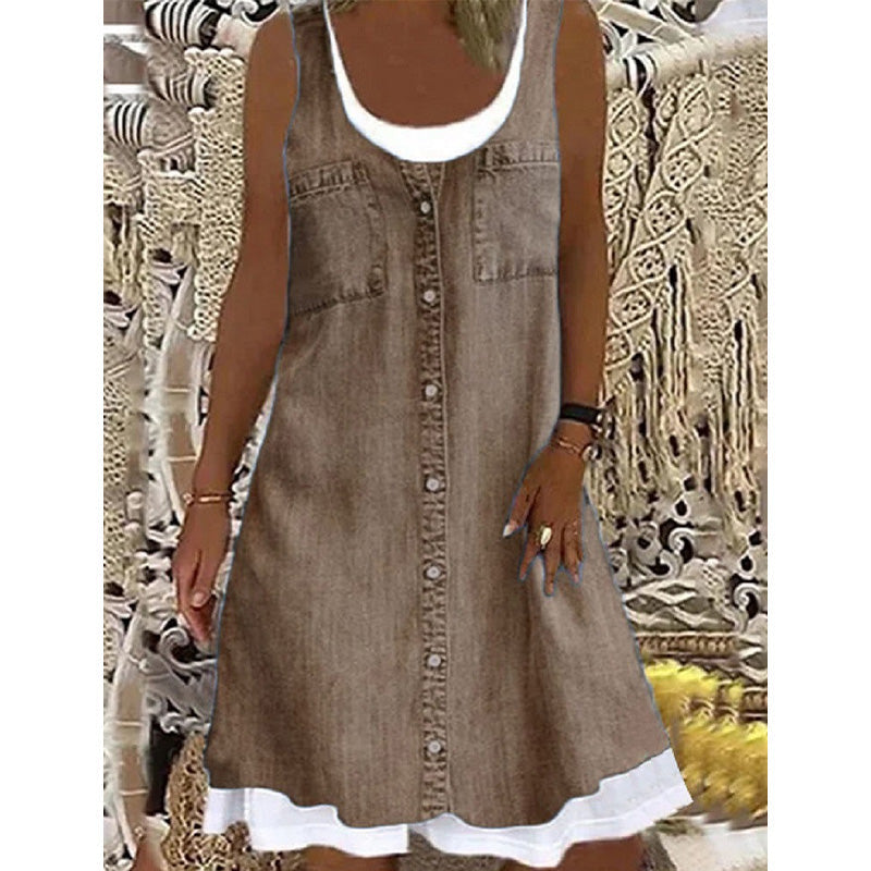 👗50% OFF☀️Women's Faux Two-Piece Denim Print Dress