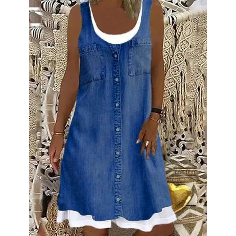 👗50% OFF☀️Women's Faux Two-Piece Denim Print Dress