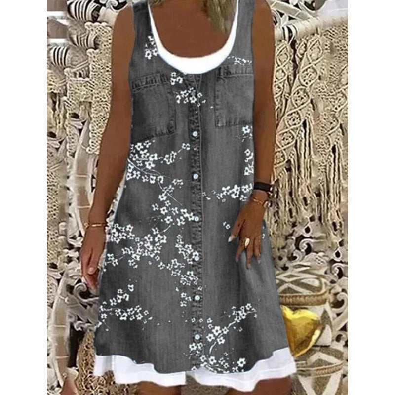 👗50% OFF☀️Women's Faux Two-Piece Denim Print Dress