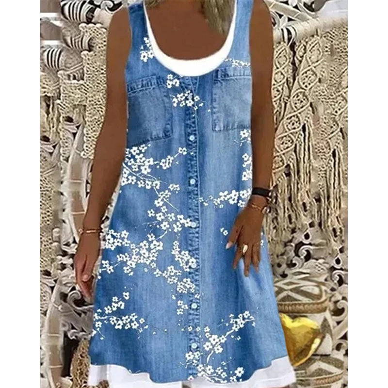 👗50% OFF☀️Women's Faux Two-Piece Denim Print Dress