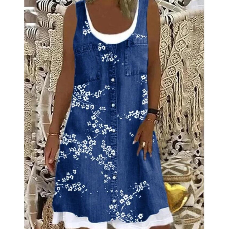 👗50% OFF☀️Women's Faux Two-Piece Denim Print Dress