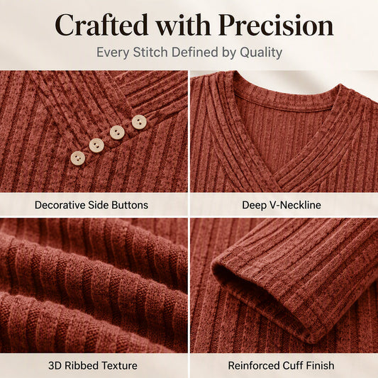 ✨ Women's Ribbed Knit V-Neck Top – Elegant Button Detail For A Chic Everyday Look🤍