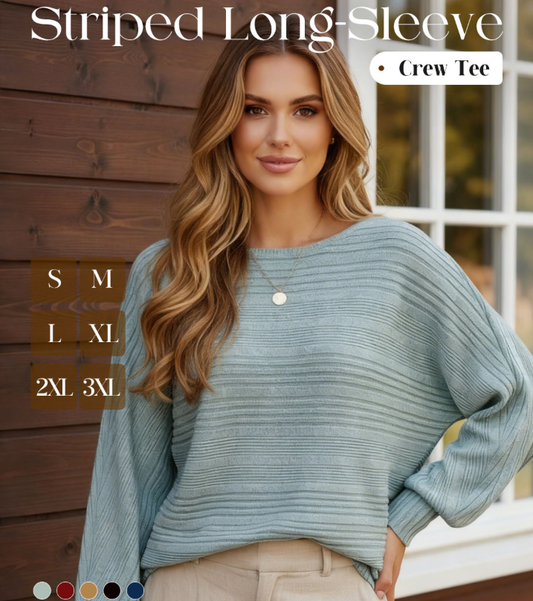 🎁HOT SALE 55% OFF💥Solid Round-Neck Striped Top with Long Sleeves