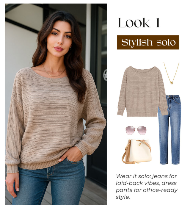 🎁HOT SALE 55% OFF💥Solid Round-Neck Striped Top with Long Sleeves